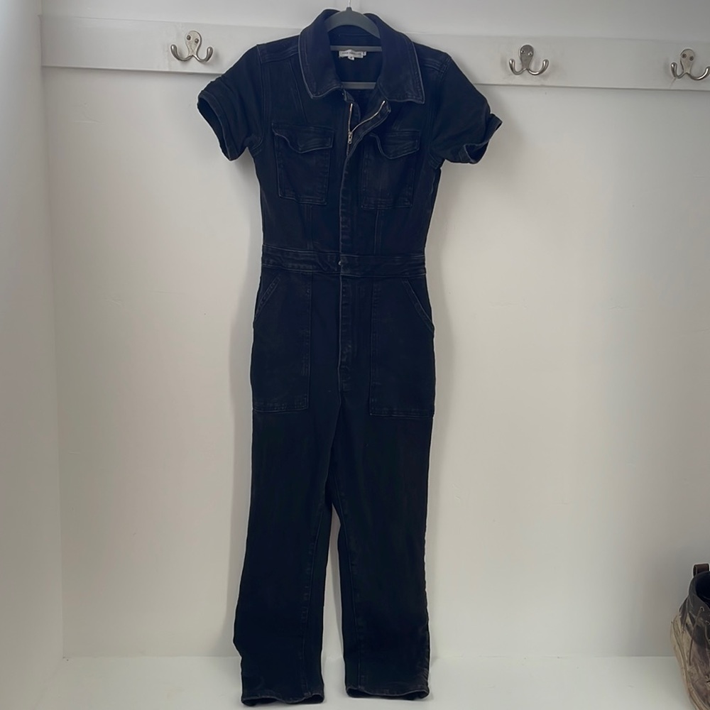 Good American fit for success bootcut denim jumpsuit back